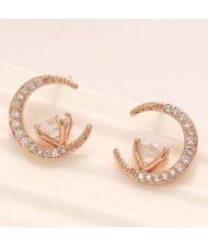 Cubic Zirconia Inlaid Graceful Moon with Star Design Fashion Ear Studs - Rose Gold
