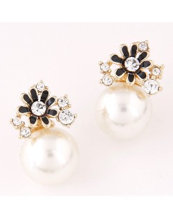 Flower and Rhinestone Embellished Adorable Pearl Fashion Ear Studs - Black