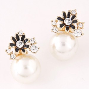 Flower and Rhinestone Embellished Adorable Pearl Fashion Ear Studs - Black