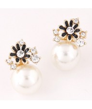 Flower and Rhinestone Embellished Adorable Pearl Fashion Ear Studs - Black