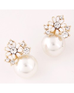 Flower and Rhinestone Embellished Adorable Pearl Fashion Ear Studs - White