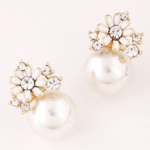 Flower and Rhinestone Embellished Adorable Pearl Fashion Ear Studs - White