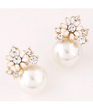 Flower and Rhinestone Embellished Adorable Pearl Fashion Ear Studs - White