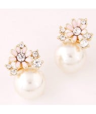 Flower and Rhinestone Embellished Adorable Pearl Fashion Ear Studs - Pink
