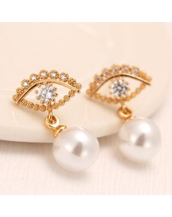 Korean Fashion Eye with Dangling Pearl Design Earrings - Golden