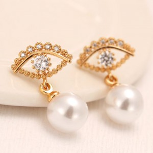 Korean Fashion Eye with Dangling Pearl Design Earrings - Golden