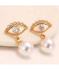 Korean Fashion Eye with Dangling Pearl Design Earrings - Golden