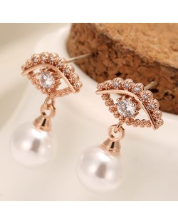 Korean Fashion Eye with Dangling Pearl Design Earrings - Rose Gold