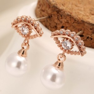 Korean Fashion Eye with Dangling Pearl Design Earrings - Rose Gold