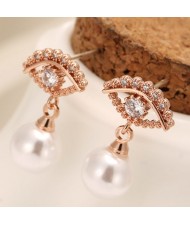 Korean Fashion Eye with Dangling Pearl Design Earrings - Rose Gold