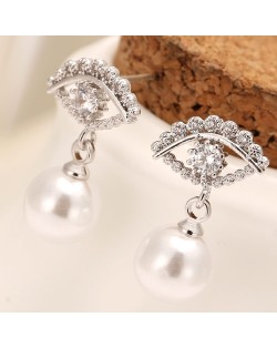 Korean Fashion Eye with Dangling Pearl Design Earrings - Silver