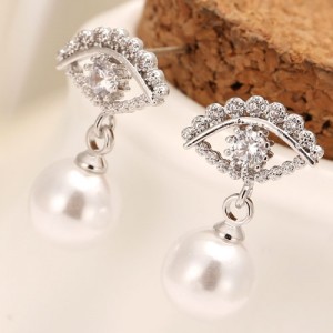 Korean Fashion Eye with Dangling Pearl Design Earrings - Silver