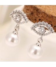 Korean Fashion Eye with Dangling Pearl Design Earrings - Silver