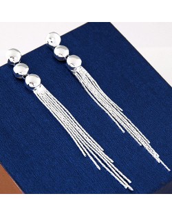 High Fashion Triple Linked Buttons with Tassel Ear Studs - Silver