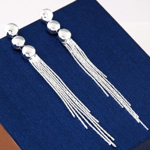 High Fashion Triple Linked Buttons with Tassel Ear Studs - Silver