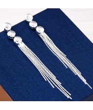 High Fashion Triple Linked Buttons with Tassel Ear Studs - Silver