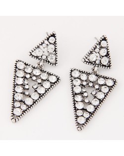 Czech Rhinestone Inlaid Linked Triangle Design Fashion Earrings - Silver and Transparent