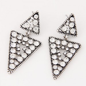 Czech Rhinestone Inlaid Linked Triangle Design Fashion Earrings - Silver and Transparent