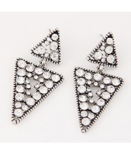 Czech Rhinestone Inlaid Linked Triangle Design Fashion Earrings - Silver and Transparent