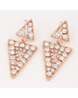 Czech Rhinestone Inlaid Linked Triangle Design Fashion Earrings - Golden and Transparent