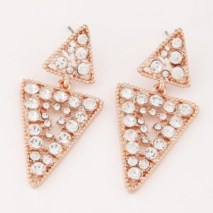 Czech Rhinestone Inlaid Linked Triangle Design Fashion Earrings - Golden and Transparent