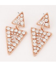 Czech Rhinestone Inlaid Linked Triangle Design Fashion Earrings - Golden and Transparent
