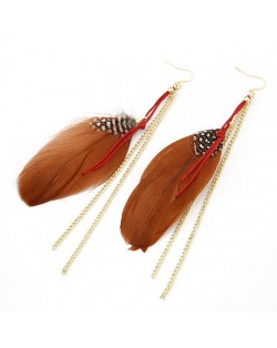 Colorful Feather with Simplistic Tassel Design Fashion Earrings - Coffee