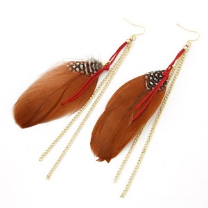 Colorful Feather with Simplistic Tassel Design Fashion Earrings - Coffee