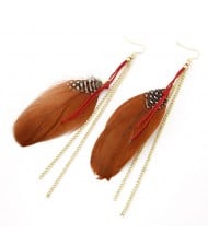 Colorful Feather with Simplistic Tassel Design Fashion Earrings - Coffee
