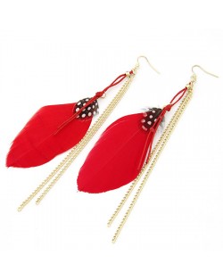 Colorful Feather with Simplistic Tassel Design Fashion Earrings - Red