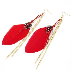 Colorful Feather with Simplistic Tassel Design Fashion Earrings - Red