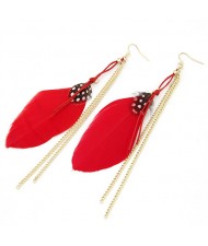 Colorful Feather with Simplistic Tassel Design Fashion Earrings - Red
