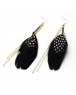 Colorful Feather with Simplistic Tassel Design Fashion Earrings - Black