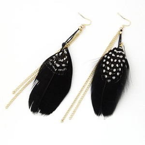 Colorful Feather with Simplistic Tassel Design Fashion Earrings - Black