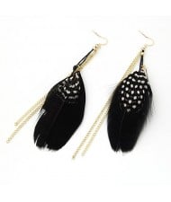 Colorful Feather with Simplistic Tassel Design Fashion Earrings - Black