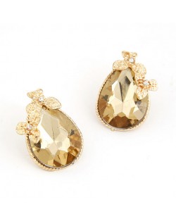 Golden Flowers Decorated Waterdrop Design Fashion Ear Studs - Golden