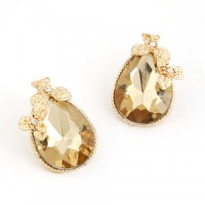 Golden Flowers Decorated Waterdrop Design Fashion Ear Studs - Golden