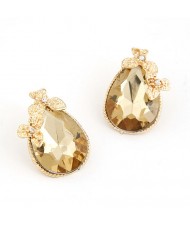 Golden Flowers Decorated Waterdrop Design Fashion Ear Studs - Golden