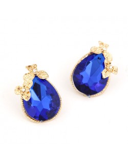 Golden Flowers Decorated Waterdrop Design Fashion Ear Studs - Blue