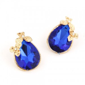Golden Flowers Decorated Waterdrop Design Fashion Ear Studs - Blue