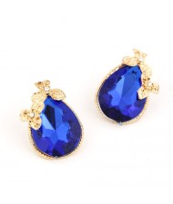 Golden Flowers Decorated Waterdrop Design Fashion Ear Studs - Blue