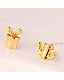 Kettle and Seedling Design Asymmetric Fashion Ear Studs - Golden