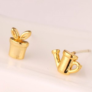 Kettle and Seedling Design Asymmetric Fashion Ear Studs - Golden