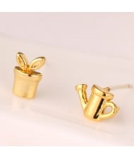 Kettle and Seedling Design Asymmetric Fashion Ear Studs - Golden