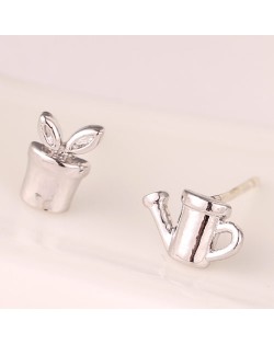 Kettle and Seedling Design Asymmetric Fashion Ear Studs - Silver