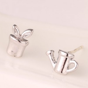Kettle and Seedling Design Asymmetric Fashion Ear Studs - Silver