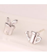 Kettle and Seedling Design Asymmetric Fashion Ear Studs - Silver