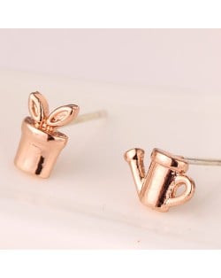 Kettle and Seedling Design Asymmetric Fashion Ear Studs - Rose Gold