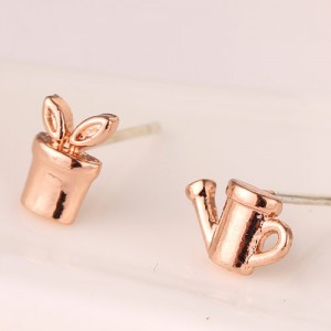 Kettle and Seedling Design Asymmetric Fashion Ear Studs - Rose Gold