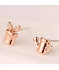 Kettle and Seedling Design Asymmetric Fashion Ear Studs - Rose Gold